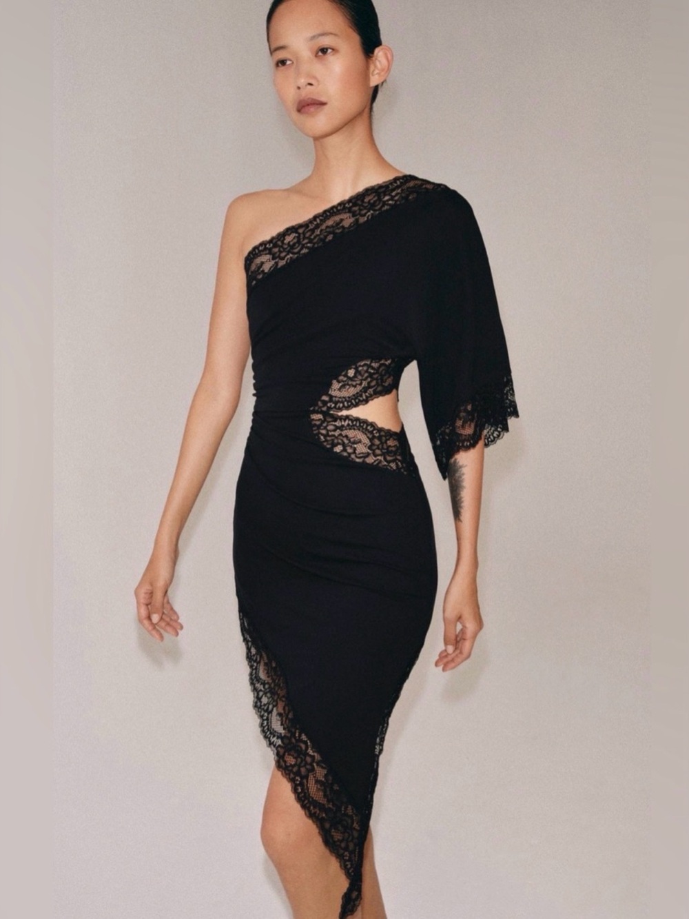 Zara Black One-Shoulder Lace Cutout Midi Dress